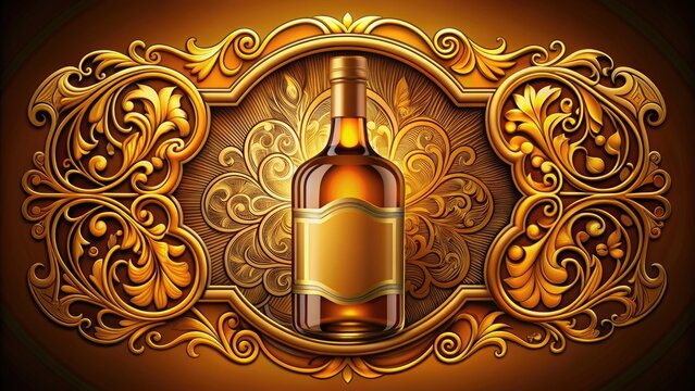 Elaborate label and golden hues of a whisky bottle representing refinement and variety in high definition clarity , whisky