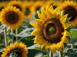 Fototapeta premium beautiful sunflowers close up in photo in flower garden