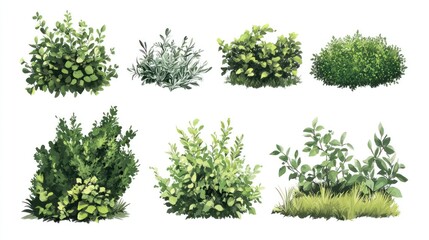 Obraz premium A Collection of Six Lush Green Bushes Isolated on a White Background