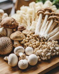 Assorted Edible Mushrooms Arranged on Rustic Wooden Counter with Copy Space