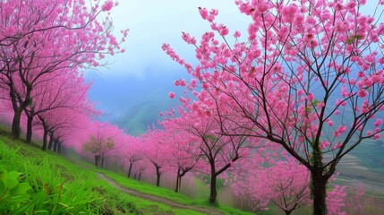 Fototapeta premium A picturesque pathway lined with vibrant pink cherry blossom trees in full bloom. The lush greenery and soft pink petals create a breathtaking and serene scene, perfect for a peaceful walk in nature.