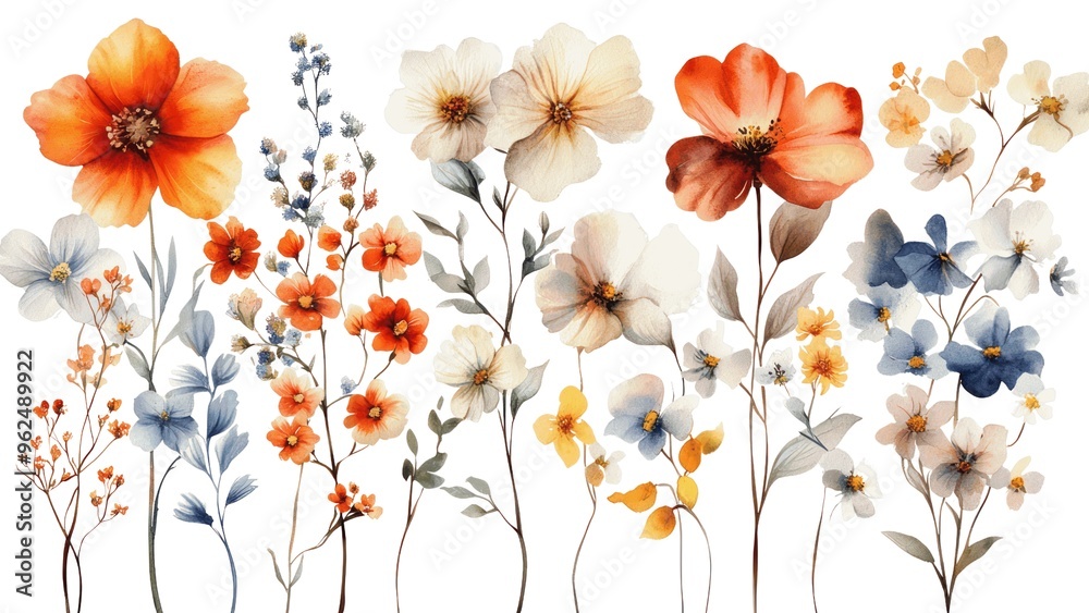Poster A row of flowers with a variety of colors and sizes