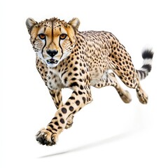 A cheetah is running across a white background