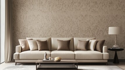 Contemporary damask fabric wallpaper with sleek symmetrical designs in muted neutral tones