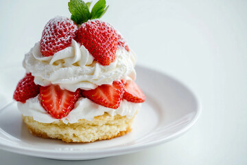 A strawberry cake with whipped cream and strawberries on top. The cake is on a white plate. The cake looks delicious and inviting