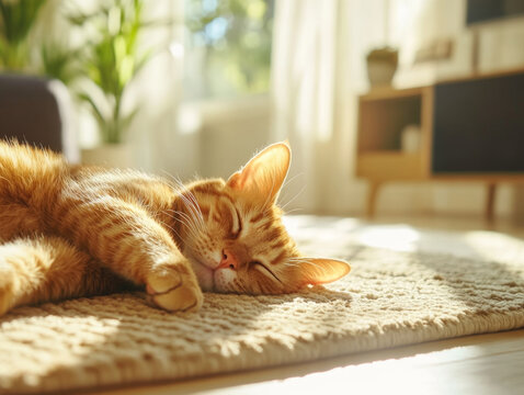 A cat peacefully sleeping in sunbeam on plush rug, radiating tranquility and warmth.