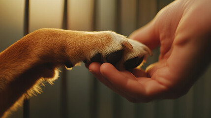 A close up of shelter dogs paw being gently held by volunteer, symbolizing compassion and connection.