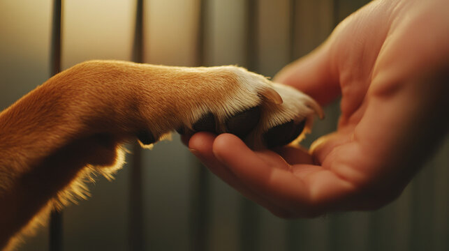 A close up of shelter dogs paw being gently held by volunteer, symbolizing compassion and connection.