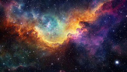 Naklejka premium A vibrant cosmic scene showcasing colorful nebulae and stars in deep space, illustrating the beauty of the universe.
