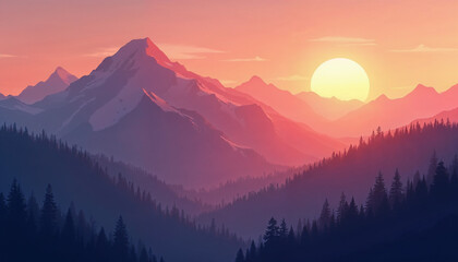 A mountain range at sunset, with vibrant orange and purple hues and gentle shadows creating a tranquil, breathtaking scene.







