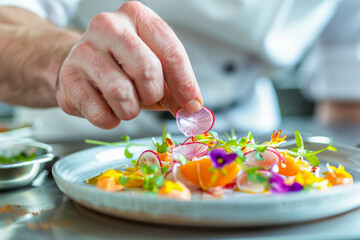 Culinary Artist Garnishing Exquisite Dish with Edible Flowers