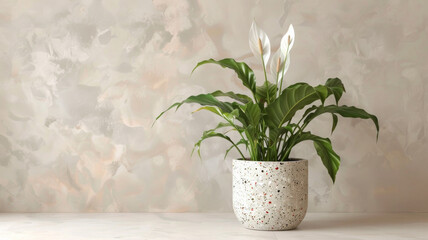 White Anthurium in a terrazzo pot offers beautiful serenity and elegance for any interior space.  AI generative.