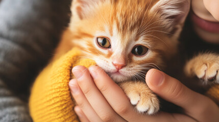 A close up of kitten being held gently in childs hands, showcasing warmth and affection between them.