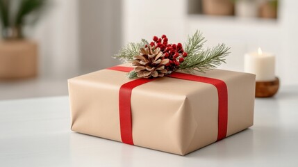 Christmas gift wrapped with red ribbon and pinecone