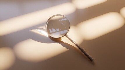  Minimalist desk setup with a magnifying glass centrally placed, surrounded by a clean, uncluttered surface, symbolizing focus and exploration. 
