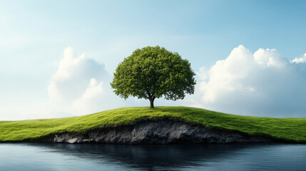 A peaceful scene of a lone green tree on a grassy hill with a reflection in calm water, representing tranquility and nature.