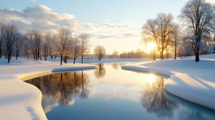 Serene snowy landscape with trees and reflective pond