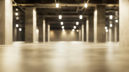 A spacious underground shopping plaza with concrete pillars and bright lights creates modern atmosphere.