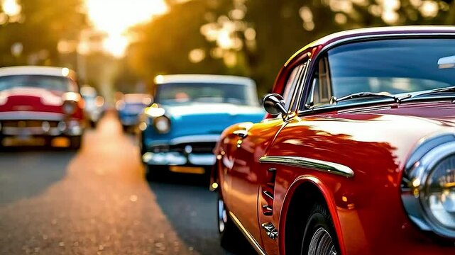  A line of  classic cars  driving down  a road .