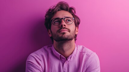Obraz premium Overcoming Imposter Syndrome: Young Professional Under Workplace Pressure Staring Blankly on Tranquil Lavender Background