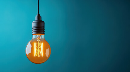 Close-up of an illuminated vintage-style light bulb hanging against a solid teal background, symbolizing creativity and ideas.