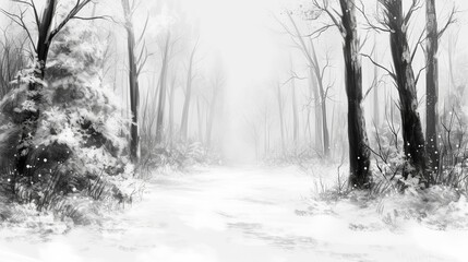Obraz premium A misty winter forest with a snow-covered trail. The trees stand tall and dark against the white snow, creating a mystical and serene atmosphere perfect for winter scenes.