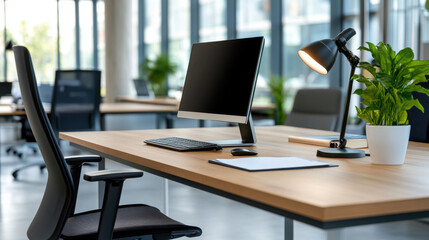 Fototapeta premium Contemporary office desk setup with computer, lamp, and plant in a bright modern workspace, perfect for productivity and work environments.