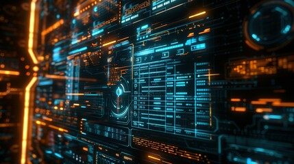 Obraz premium Futuristic Command Prompt on a Digital Interface with a Holographic Computer Screen: Depicting Advanced Technology and Cybernetic Innovation
