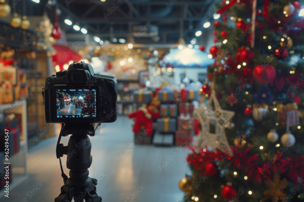 Wall mural camera capturing a vibrant christmas scene inside a bustling store decorated with festive lights and