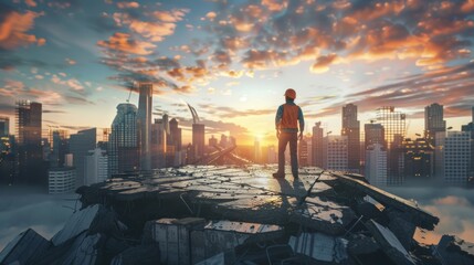 Business team working closely, interacting and united. Photo of confident engineer in helmet holding drawing in hand while standing on collapsed bridge with cityscape in background. 3D rendering.