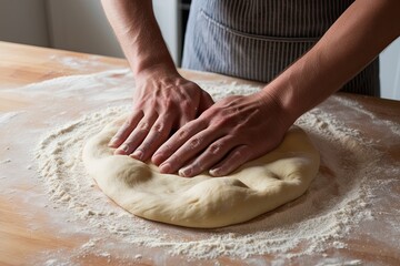 Crafting Homemade Pizza Dough: Close-Up of Tactile Kneading on a Floured Surface