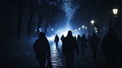 Silhouetted figures walk through a foggy park illuminated by street lamps. The scene is atmospheric and eerie, ideal for themes of mystery, solitude, and nighttime ambiance.