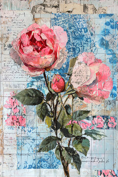  A mixed media collage featuring roses and pinks, with vintage script in the background. 