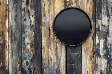 A round black tray mounted on a rustic wooden wall, showcasing a blend of textures and colors.