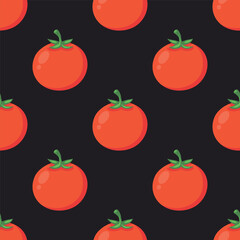 Vector Seamless Pattern with Whole Red Tomato on Black Background. Fresh Tomato Pattern for Textile, Paper and Home Decor. Tomato Print Design for Fabric. Tomato Illustration, Seamless Pattern