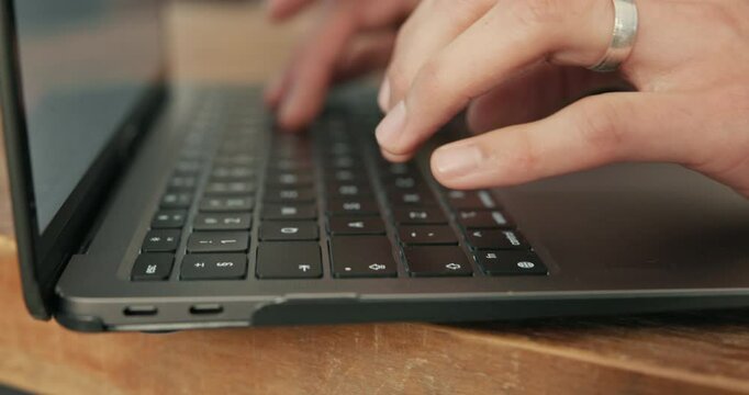 Man, laptop or hands of freelancer typing in home on internet for travel, remote work or networking. Research, closeup or digital nomad on technology for freelancing, online or blog for publication