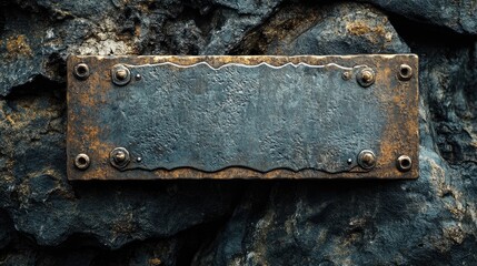 Rusty metal sign with rivets on a rough stone wall, empty space for text.