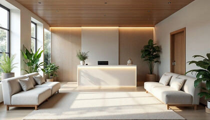 A peaceful reception area with elegant seating, greenery, and calming decor in a wellness clinic.







