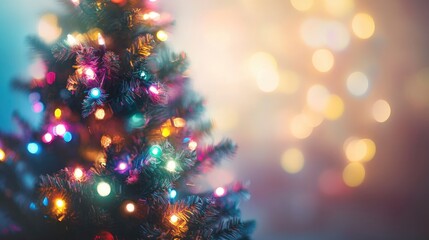 A blurred image of a Christmas tree with colorful lights. The soft focus creates a dreamy and festive atmosphere. with generative ai