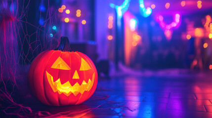 jack o lantern halloween holiday orange pumpkin on the street in the dark background bokeh lights orange blue night decoration leaves on the ground pink backdrop