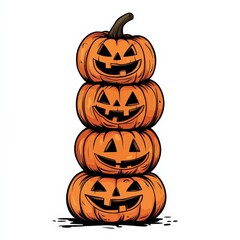 Four pumpkins stacked on top of each other with their faces turned up