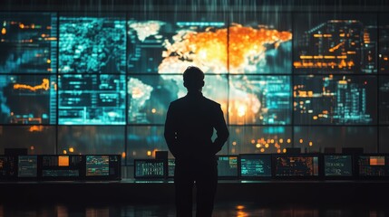 Meteorologist silhouette blended with weather maps, atmospheric patterns, and a control room