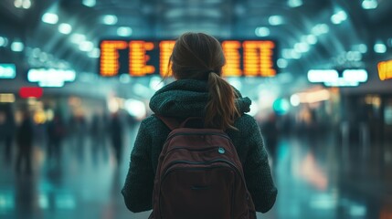 Anxious traveler pacing in an airport terminal, worried about delays or missed connections
