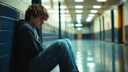 Distraught student sitting alone in a school hallway, dealing with bullying or social isolation