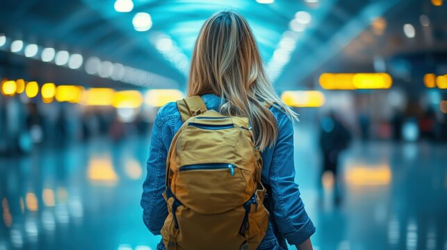Anxious traveler pacing in an airport terminal, worried about delays or missed connections