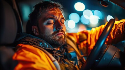 Exhausted shift worker slumped in their car during a break, fatigued from long hours and demanding schedules