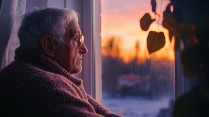 Elderly retiree feeling isolated and lonely, gazing wistfully out a window against a serene, lavender background