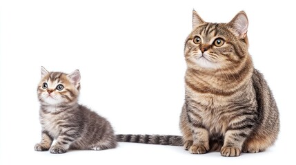 Fototapeta premium A mother cat and her kitten looking up, sitting together.