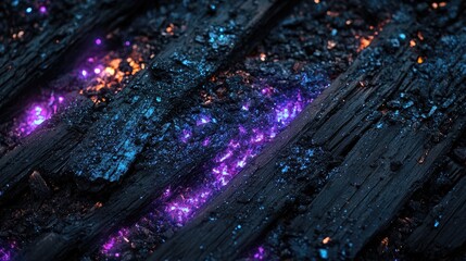 Close-up of glowing purple coals on a dark background photorealistic with intricate high-resolution details.