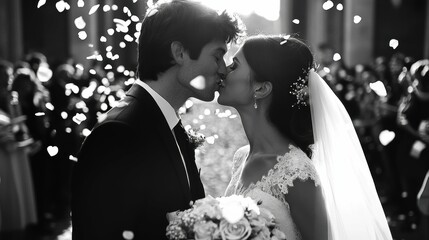 Newlyweds sharing a tender kiss as they walk through a shower of rose petals